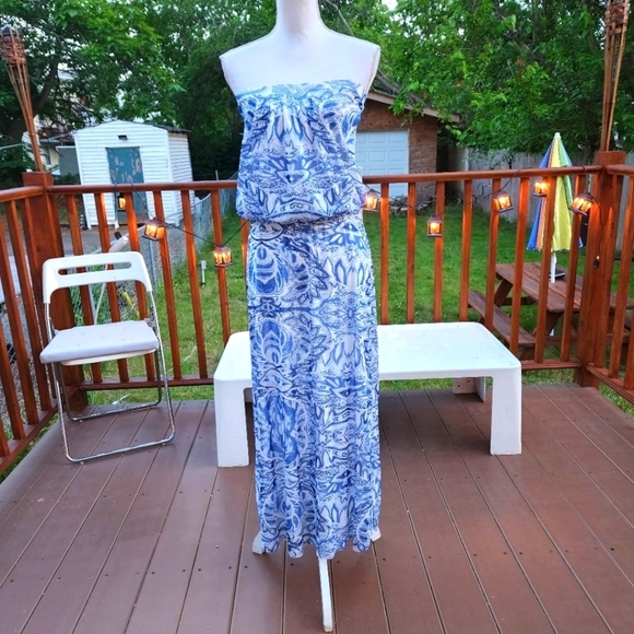 CYNTHIA ROWLEY blue floral print strapless Maxi mesh dress size S - Picture 1 of 15